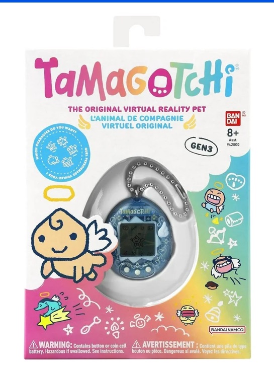 Boxed Bandai Tamagotchi Original Gen3 reissue with a silver shell, on the current US retail market